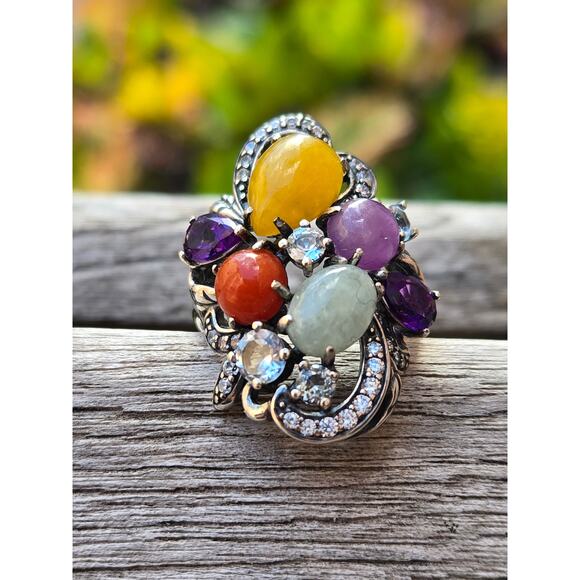JOY PAJ Jade of Yesteryear 925 Sterling Silver Multi Stone Jade Ring Size 5 - Picture 4 of 11